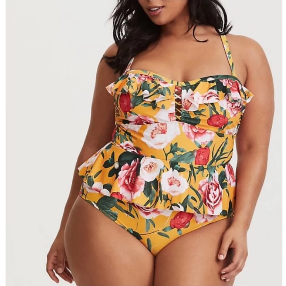 Torrid yellow peplum red floral swimsuit plus 0